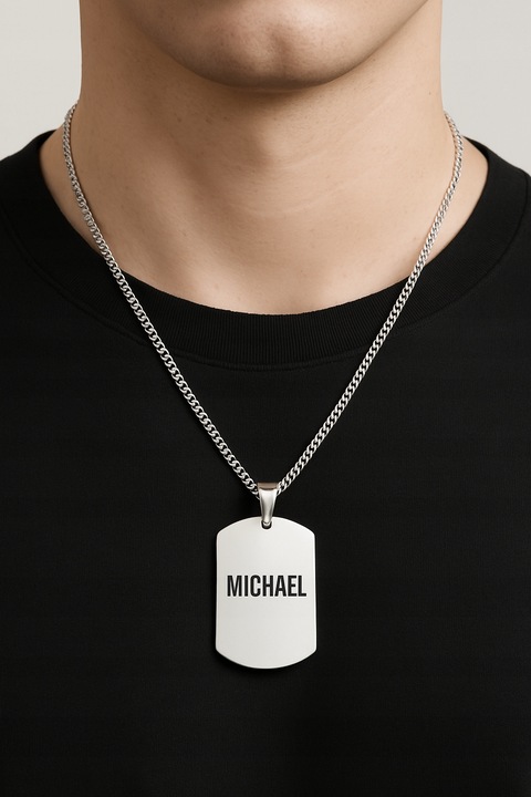 Srebrny łańcuszek męski nieśmiertelnik stal chirurgiczna 316L grawer