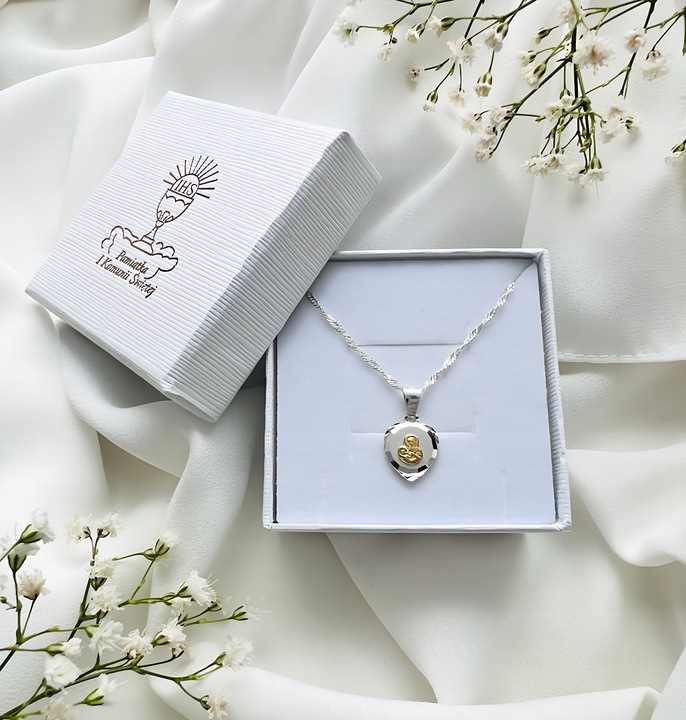 Srebrny łańcuszek 40cm Singapur i medalik serce MB Komunia Chrzest prezent