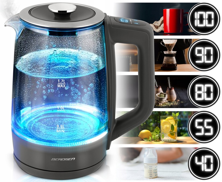 CZAJNIK ELEKTRYCZNY SZKLANY REGULACJA TEMPERATURY 2200W BERDSEN 1,7L