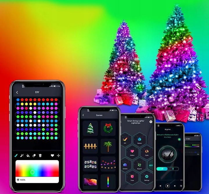 TAŚMA 200 LED INTELIGENTNE LAMPKI APLIKACJA BLUETOOTH PILOT STEROWANIE 20M