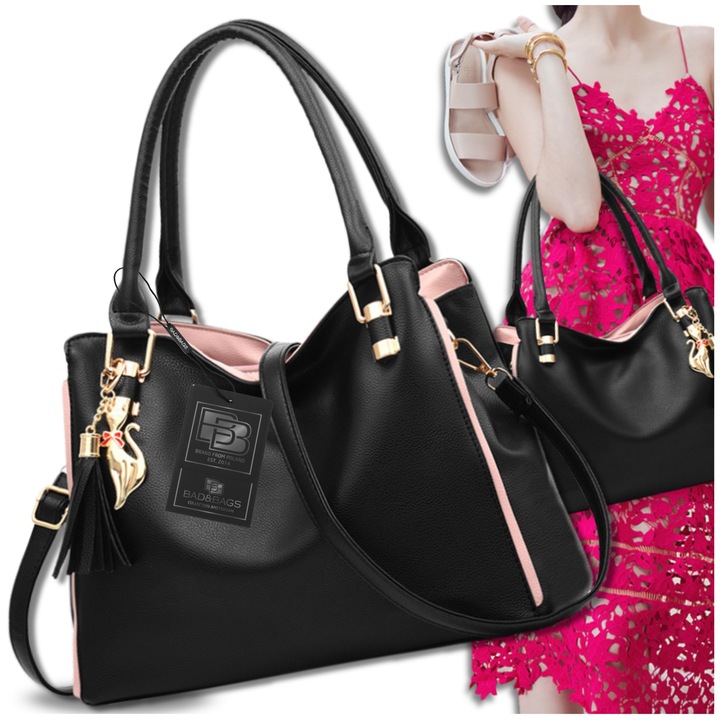 Torebka Damska Skórzana BAD&BAGS Na Ramię Torba Shopperka Czarna Pojemna