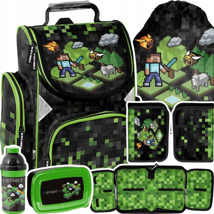 TORNISTER PLECAK SZKOLNY PIÓRNIK WOREK ZESTAW ŚNIADANIOWY PIKSELE