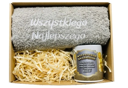 PREZENT NA URODZINY 18-70 Zestaw Kosz Prezentowy Ręcznik Kubek Czekolada