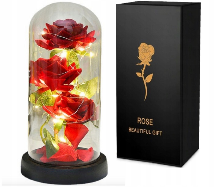 WIECZNA RÓŻA W SZKLE PREZENT NA WALENTYNKI ŚWIECĄCA LED BATERIE + PUDEŁKO