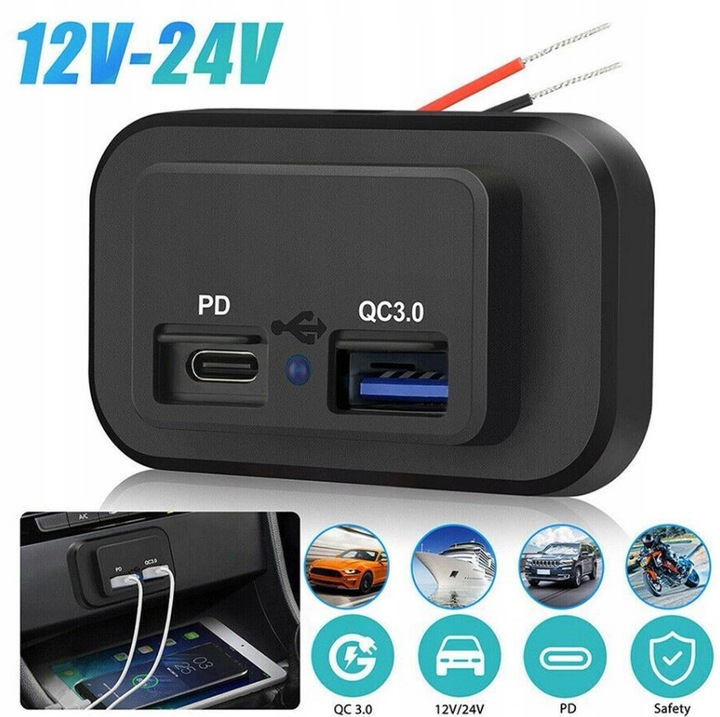 Ładowarka USB do zabudowy Podwójne gniazdo ładowarki PD USB-C12V