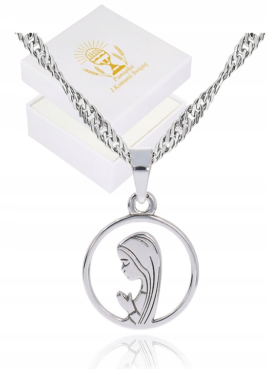ŁAŃCUSZEK SREBRNY MEDALIK Komunijny Matka Boska na Komunię dla dziewczynki