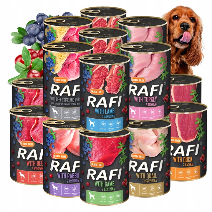 RAFI BEZ ZBÓŻ mokra karma PUSZKI DOLINA NOTECI MIX SMAKÓW DLA PSA 16x400G