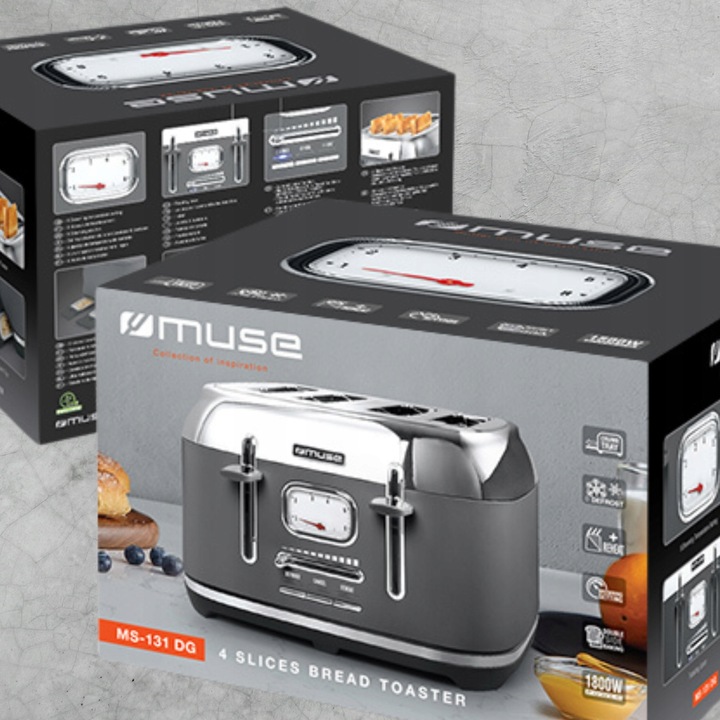 TOSTER OPIEKACZ RETRO DUŻA MOC 1800W NA 4 TOSTY SZARY/SREBRNY MUSE MS-131DG