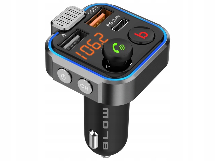 TRANSMITER BLUETOOTH 5.0 FM ŁADOWARKA USB PD 20W QC 3.0 BASS MOCNY MIKROFON