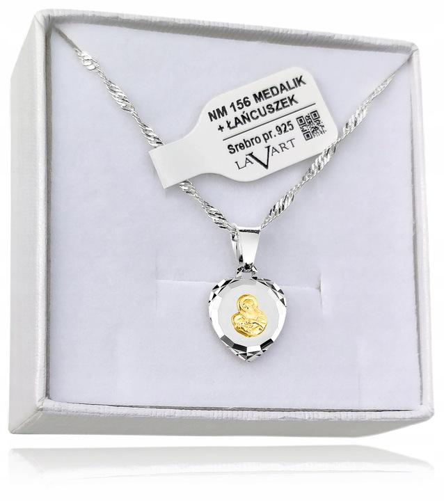 ŁAŃCUSZEK Srebrny MEDALIK Komunijny SERCE Matka Boska do Komunii na Chrzest