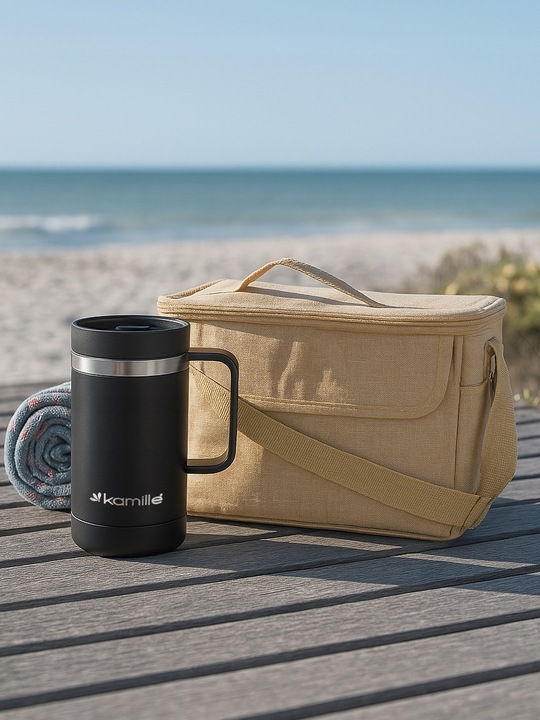 KUBEK TERMICZNY Z UCHEM TERMOS STALOWY SCZELNY pojemny bidon KAMILLE 360 ml