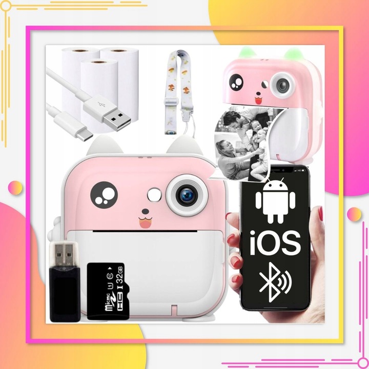 APARAT NATYCHMIASTOWY DLA DZIECI DRUKUŚ DRUKARKA Z KARTA 32GB + 3 ROLKI