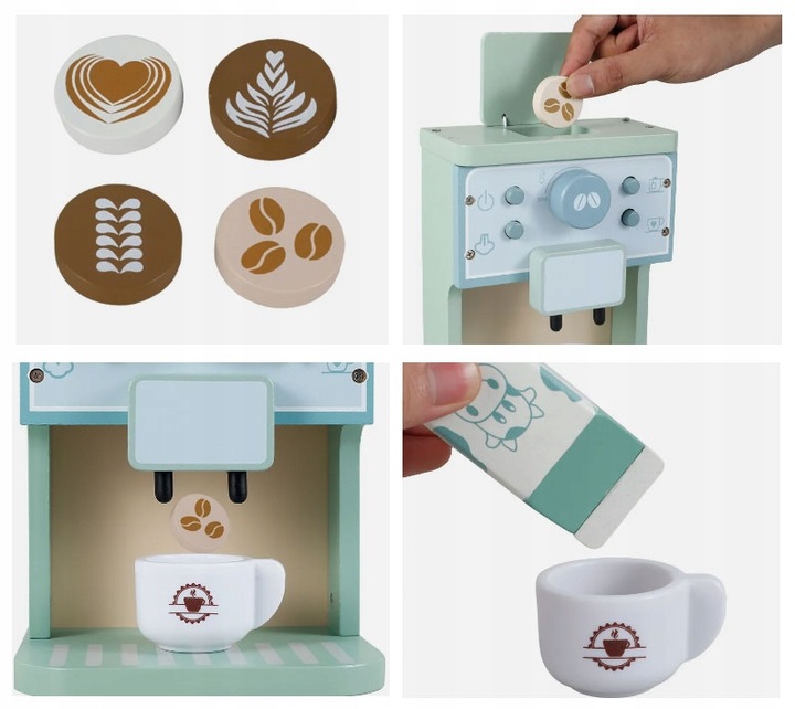DREWNIANY EKSPRES DO KAWY DLA DZIECI AUTOMAT AGD KAWIARNIA ZESTAW PREZENT
