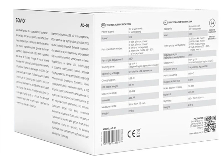 Wentylator biurkowy SAVIO z akumulatorem USB-C, czarny,