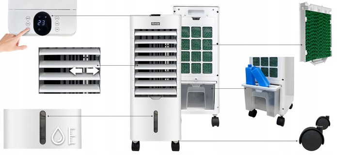 Klimatyzator wodny przenośny HAXON ZAX 4w1 LED nawilżacz pilot + wkłady