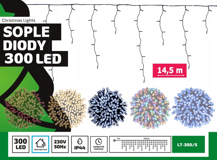 Świąteczne LAMPKI Sople ZWISAJĄCE Zewnętrzne 300LED 15m. na balkon