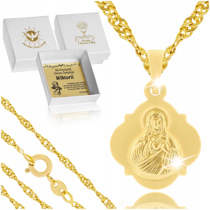 ŁAŃCUSZEK ZŁOTY + MEDALIK KOMUNIJNY SZKAPLERZ NA KOMUNIĘ CHRZEST 18K GRAWER