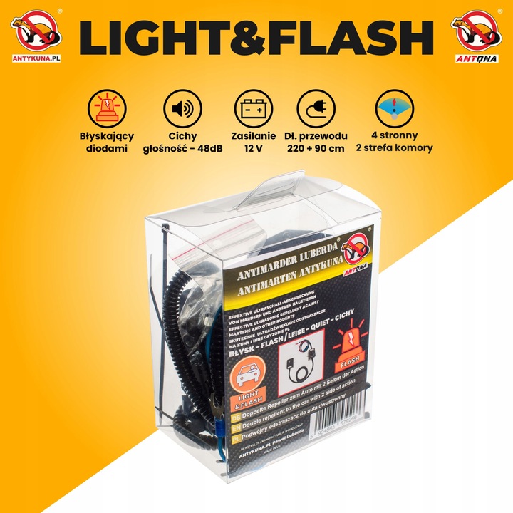 Ultradźwiękowy odstraszacz kun Antykuna CICHY I BŁYSKAJĄCY na 4 strony
