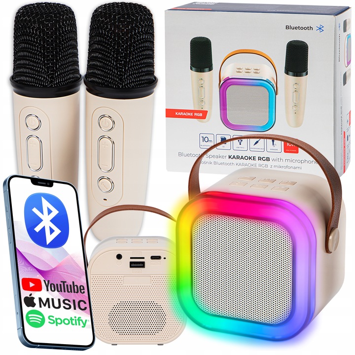 GŁOŚNIK BLUETOOTH PRZENOŚNY KARAOKE RGB 2 MIKROFONY MINI JACK USB SD