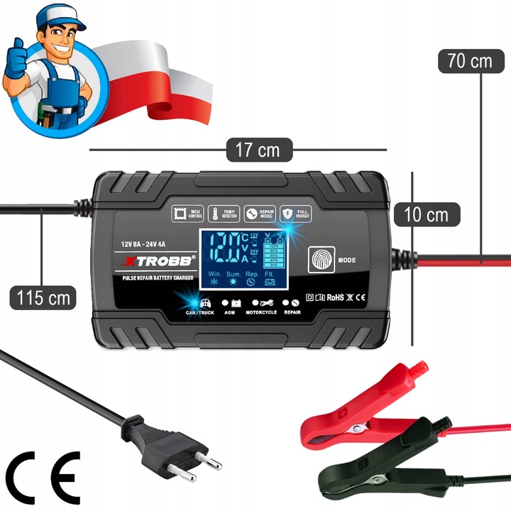 Prostownik SAMOCHODOWY AUTOMATYCZNY Z FUNKCJĄ NAPRAWY AKUMULATORÓW 12V 24V