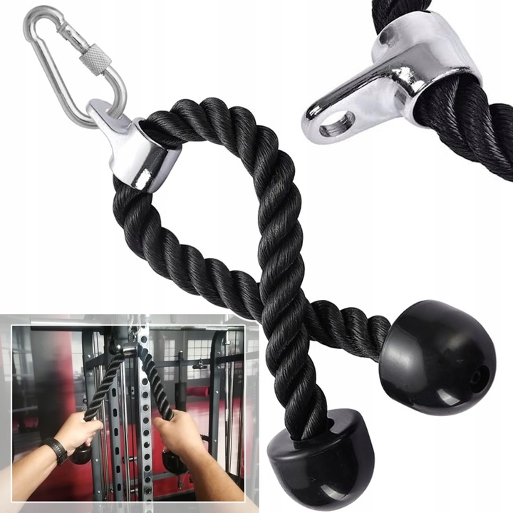 SZNUR UCHWYT DO WYCIĄGU LINA NA TRICEPS MASYWNA I SOLIDNA Z KARABIŃCZYKIEM