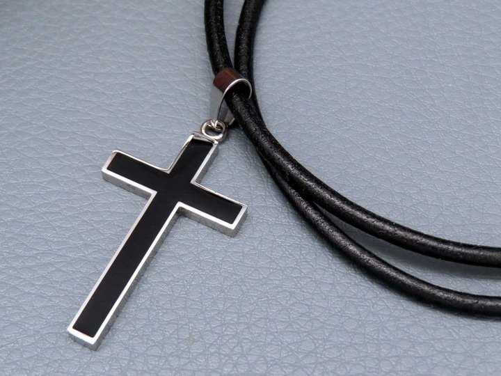 GRUBY RZEMIEŃ RZEMYK NA SZYJĘ Z KRZYŻYKIEM ZESTAW STAL CHIRURGICZNA + SKÓRA