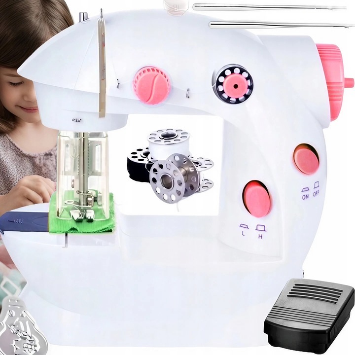 PRAWDZIWA MASZYNA DO SZYCIA DLA DZIECI Z OSŁONĄ NA PALCE + IGŁA NICI LAMPKA
