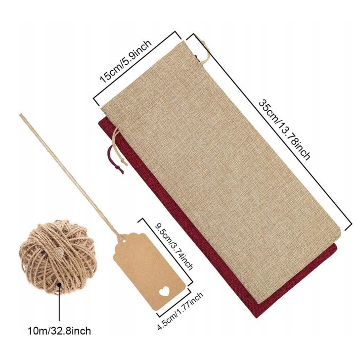 12X TORBY NA BUTELKI WINA ZE SZNURKIEM I PRZYWIESZKAMI TORBY JUTOWE