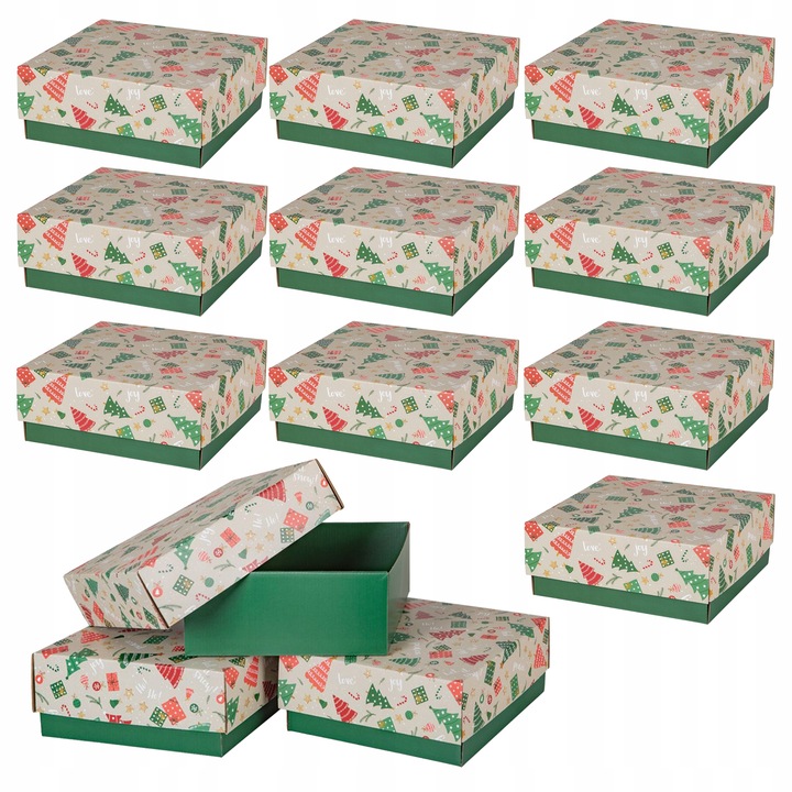 10x PUDEŁKO PREZENTOWE OPAKOWANIE ŚWIĄTECZNE 200x200x85 mm CHOINKI Zestaw