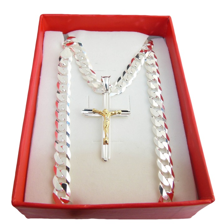 Srebrny Łańcuszek Pancerka Diamentowany Krzyż 50cm