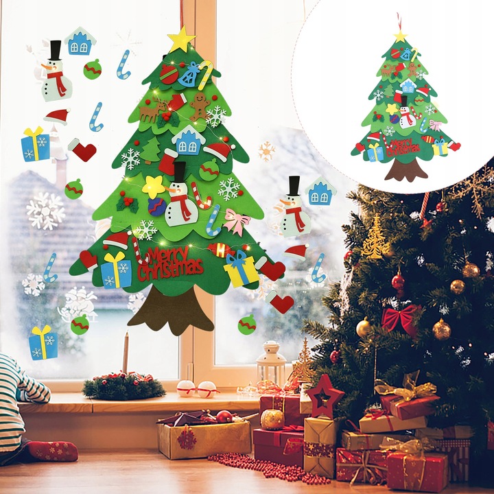 CHOINKA FILCOWA NA RZEPY Z OZDOBAMI DLA DZIECI ŚWIATEŁKA 50 LED NA ŚCIANĘ