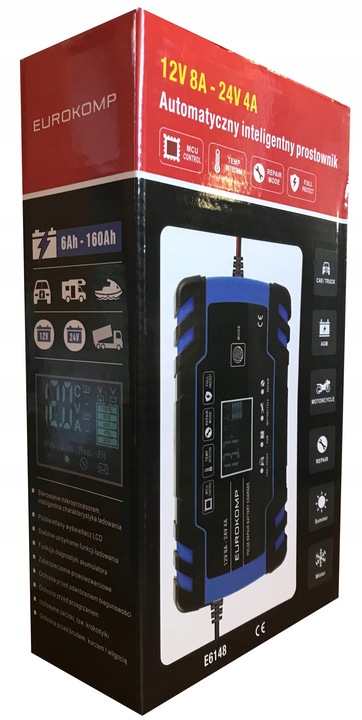 PROSTOWNIK ŁADOWARKA DO AKUMULATORA LCD 12V 24V 8A FUNKCJA NAPRAWY AKU.
