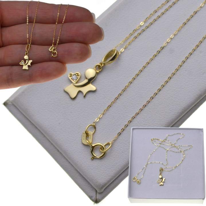 Złoty Łańcuszek z Medalikiem 585 okrągłym ANIOŁ Na KOMUNIE Chrzest + OPAKOW