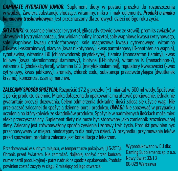 Gaminate Hydration JUNIOR Banan-Truskawka Izotonik w proszku BEZ CUKRU
