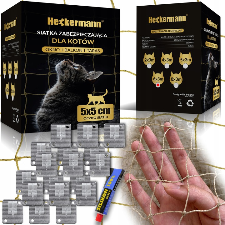 SIATKA NA BALKON Z DRUCIKIEM PREMIUM DLA KOTA BEZ WIERCENIA ZESTAW 6x3m