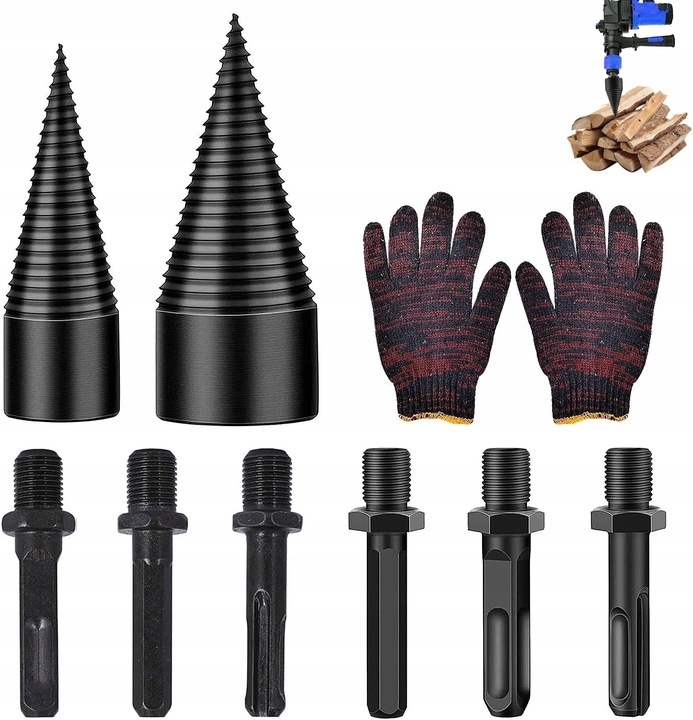 Świder do Drewna Opałowego Wiertło Stożek Łuparka 32 mm 42 mm + Rękawiczki