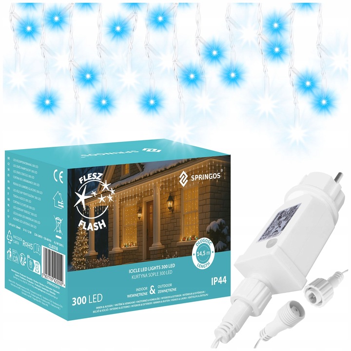 LAMPKI SOPLE 300 LED ZEWN. NIEBIESKIE CHOINKOWE FLASH KURTYNA ŚWIETLNA IP44