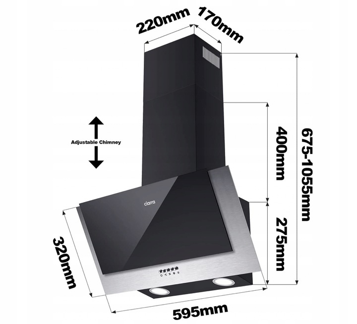 Ciarra CBCB6736C okap naścienny 60 cm, 380 m³/h, oświetlenie LED, 2 filtry