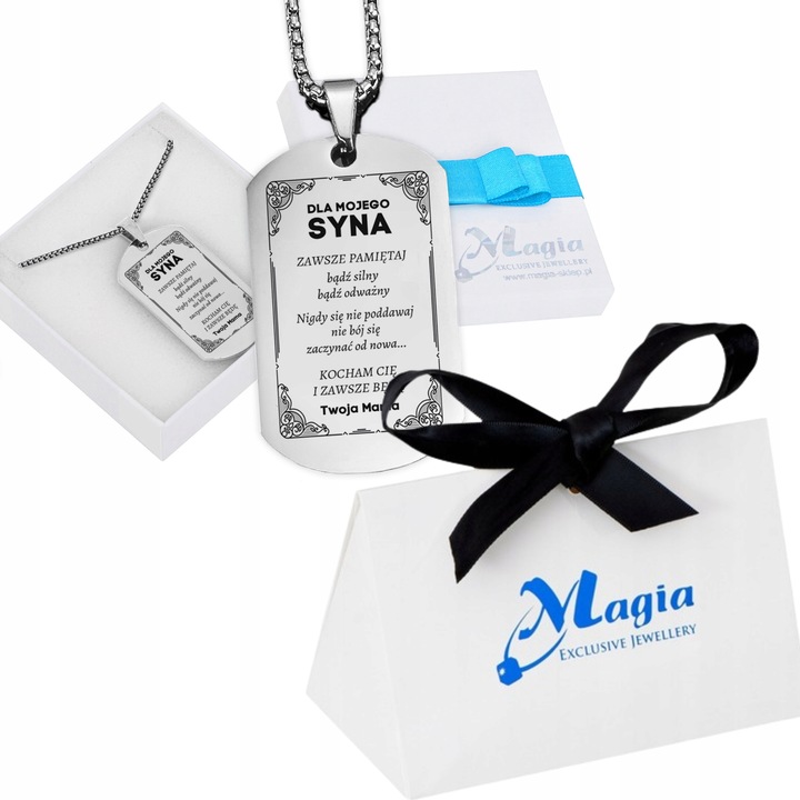 Srebrny Nieśmiertelnik Grawer Prezent dla Syna od Mamy Naszyjnik Męski BOX