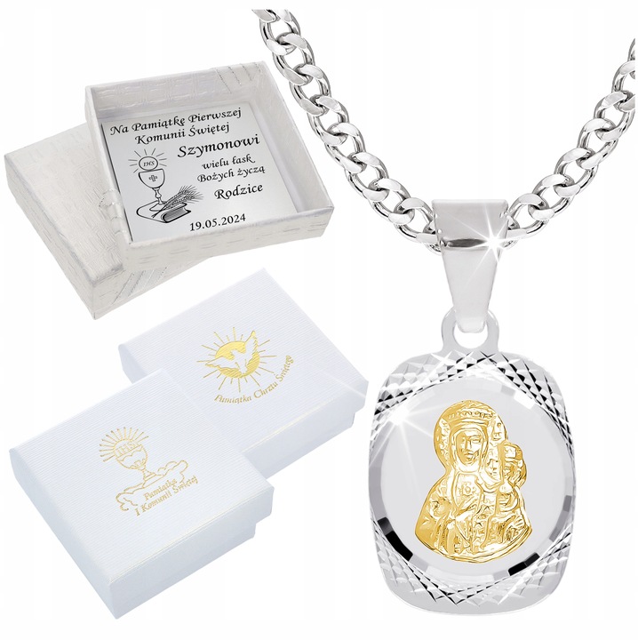 ŁAŃCUSZEK SREBRNY MEDALIK KOMUNIJNY MATKA BOSKA DO KOMUNII NA CHRZEST 50 cm