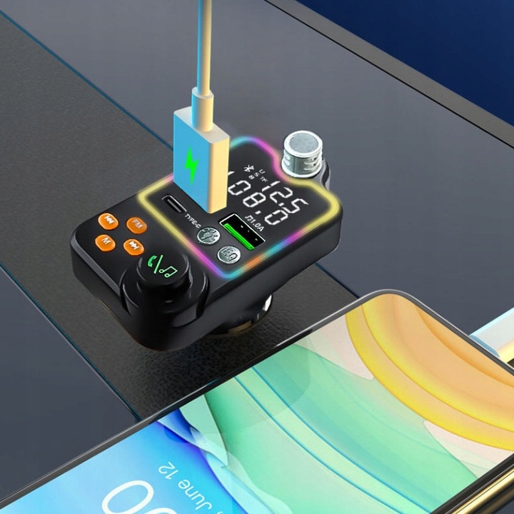 TRANSMITER BLUETOOTH SAMOCHODOWY BT 5.0 ŁADOWANIE QC 3x USB RGB AUDIO FM