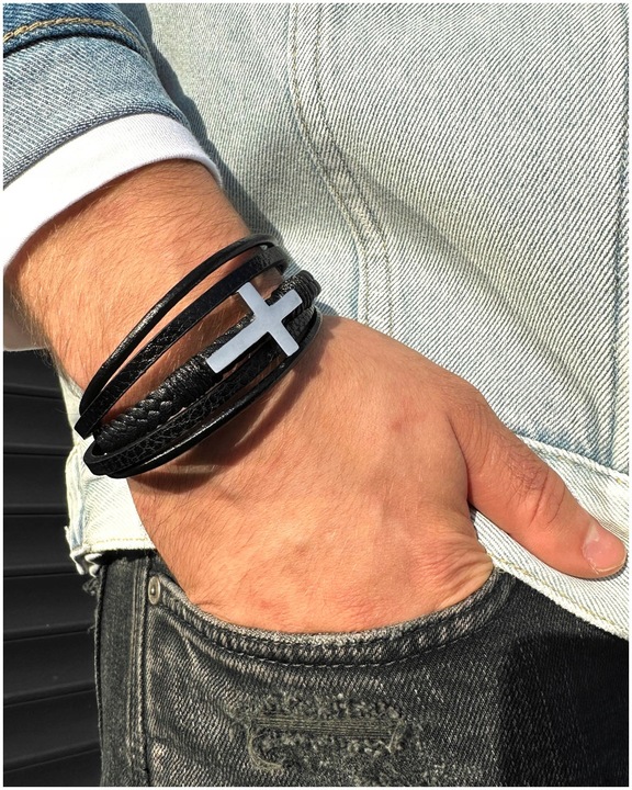 Bransoletka MĘSKA skórzana SREBRNA krzyż KRZYŻYK stal 316L grawer GRATIS!