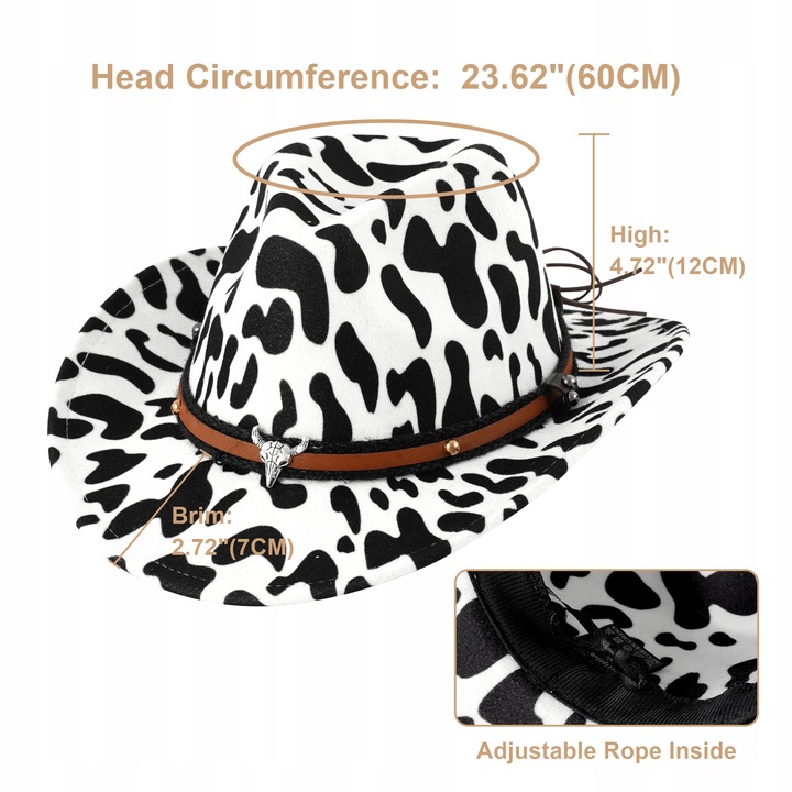 KAPELUSZ KOWBOJSKI COUNTRY WESTERN DLA DOROSŁYCH Uniseks 60CM Czarno-biały