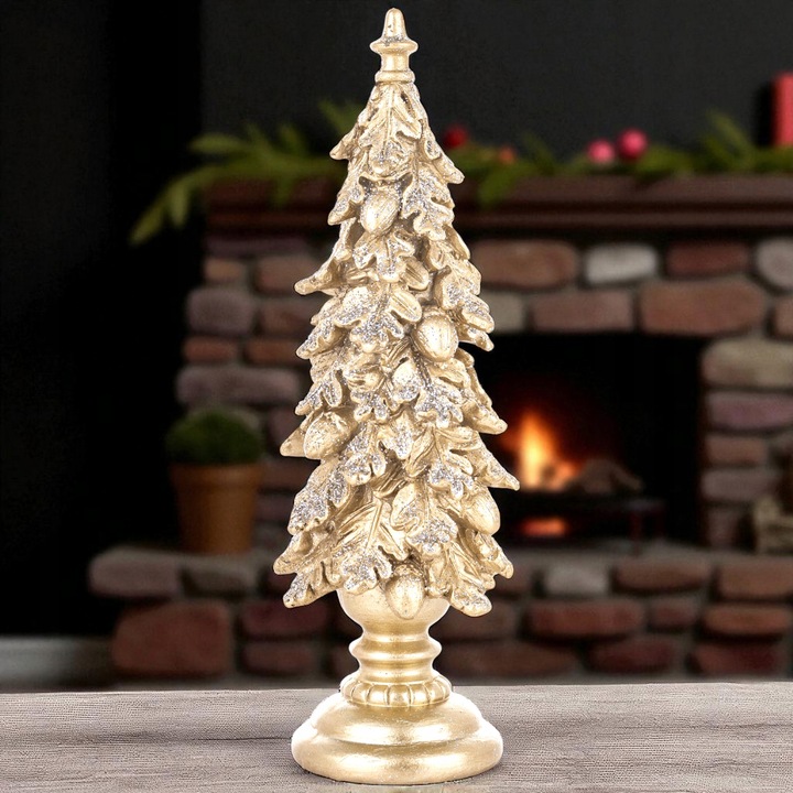 Choinka złota liście dębu na postumencie wąska 25 cm figurka świąteczna