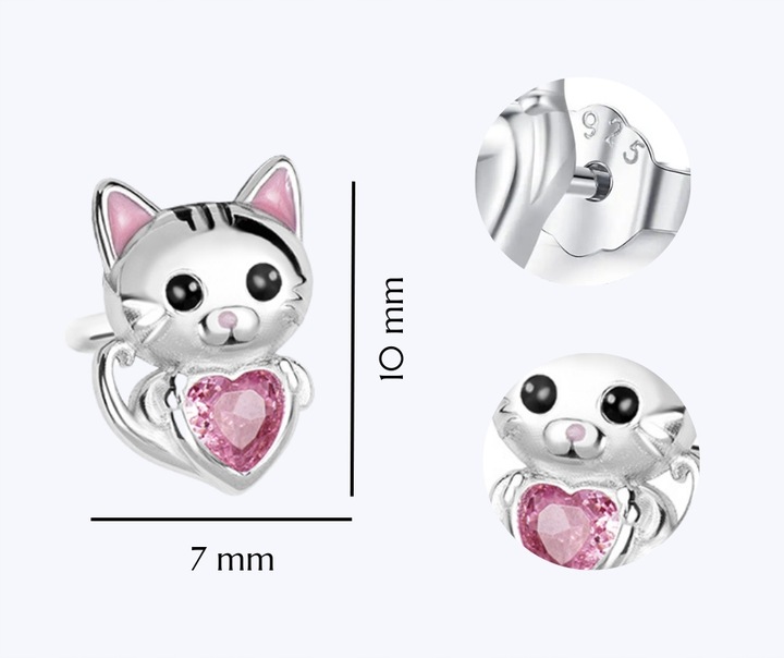 Kolczyki Srebrne Dla Dziewczynki Rodowane Kotki Srebro 925 Sztyfty Serce