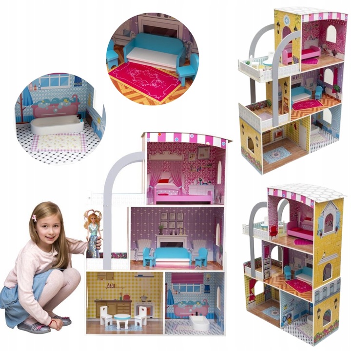 DREWNIANY DOMEK DLA LALEK WILLA MEBELKI W ZESTAWIE