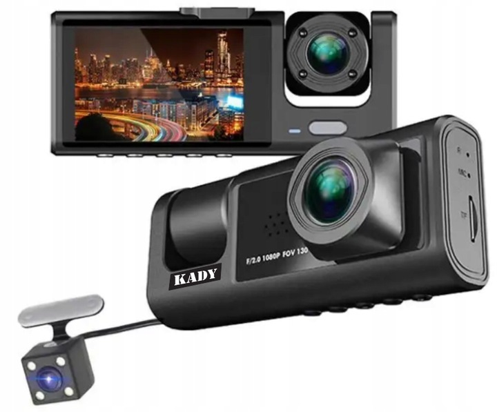 KAMERA SAMOCHODOWA WIDEOREJESTRATOR KADY FULL HD 3 KMAERY DO TAXI/UBER/BOLT