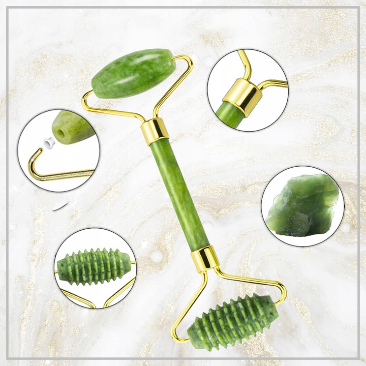 3w1 Masażer do twarzy KAMIEŃ GUA SHA z jadeitu zestaw roller wałek masażu