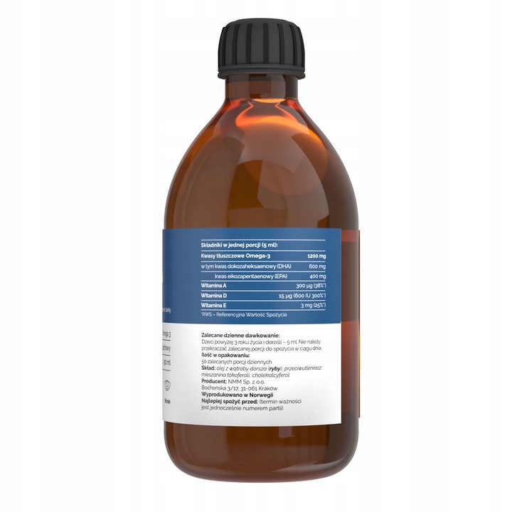 Tran Norweski dla Dorosłych Kwasy EPA DHA OMEGA3 Wit D A E Odporność 250ml