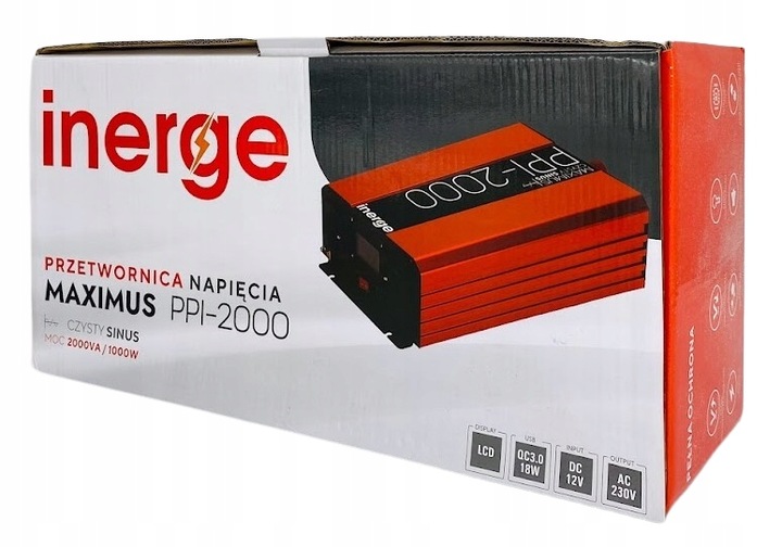 PRZETWORNICA NAPIĘCIA MAXIMUS 12V 230V 2000VA 1000W CZYSTY SINUS QC 3.0 LCD